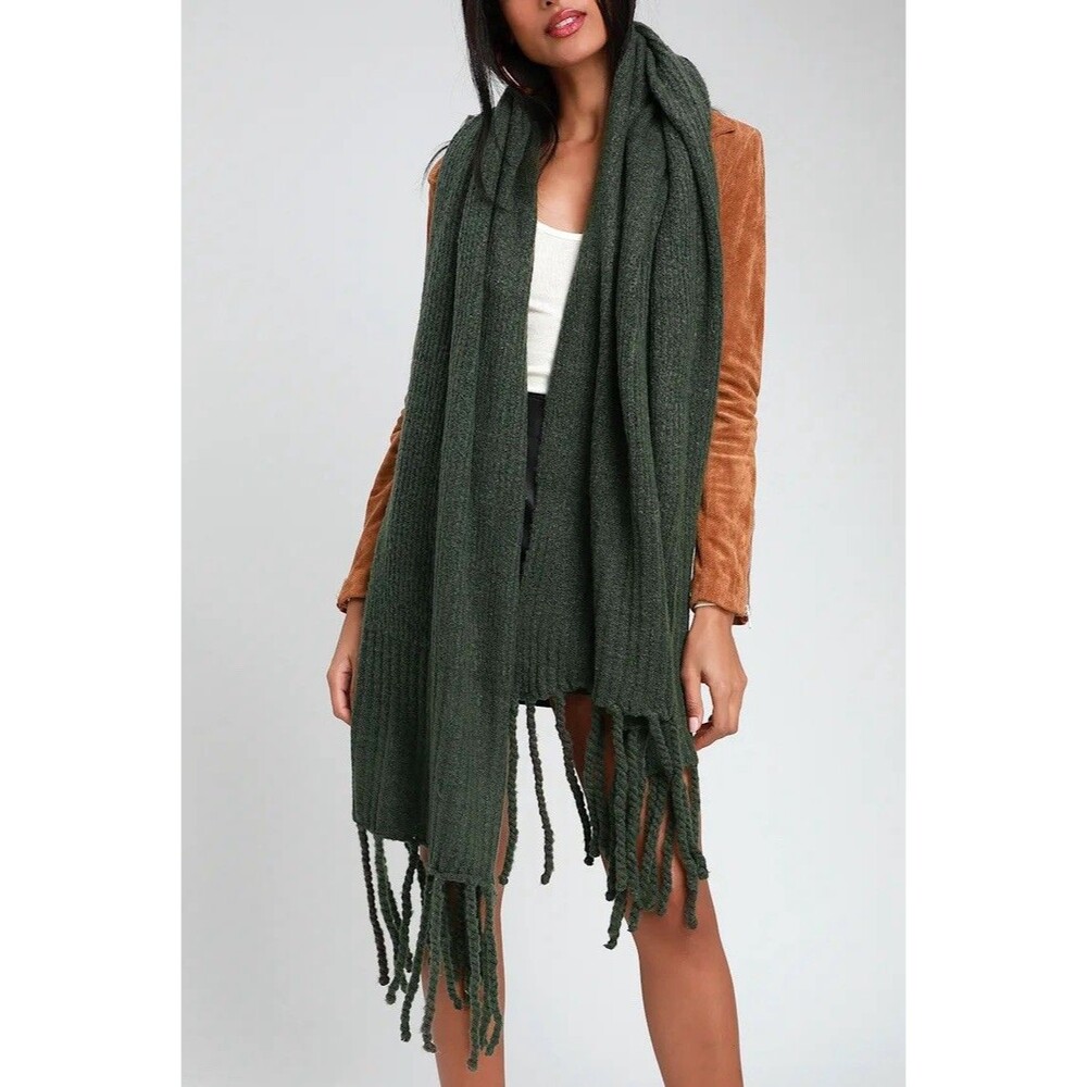 Free People Jaden Green Ribbed Fringe Blanket Scarf Boho Ribbed Shawl Oversized